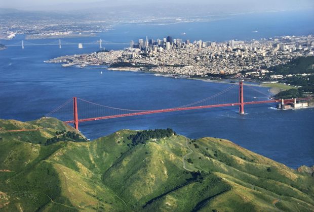 Golden Gate Bridge Side View and San Francisco City Skyline